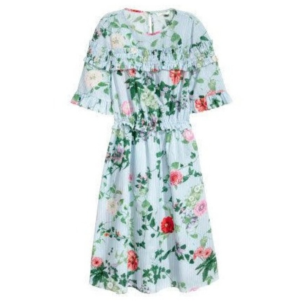 H&M Light Blue Striped Botanical pattern dress